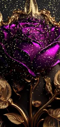 Looking for an ornate and luxurious phone wallpaper? Look no further than this amazing live wallpaper! The design features a beautiful purple rose with stunning gold leaves, all set against a sleek black background