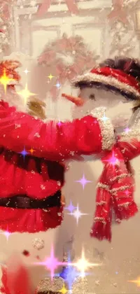 This live phone wallpaper captures the essence of the holiday season with a heart-warming painting of Santa Claus and a snowman set against a frosted glass background