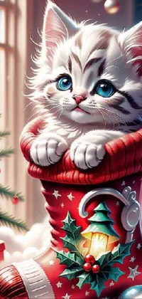 Christmas Tree Cat White Live Wallpaper