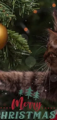 This phone live wallpaper showcases a playful Maine Coon cat reaching for a festive Christmas ornament on a beautifully decorated tree