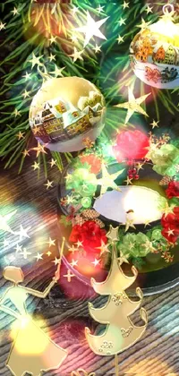 Get into the holiday spirit with this charming live wallpaper for your phone! Featuring a beautifully decorated Christmas tree on a wooden table with colorful ornaments and sparkling lights, this wallpaper captures the festive mood perfectly