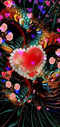 This stunning phone live wallpaper features a vibrant red heart surrounded by a beautiful bouquet of flowers and feathers