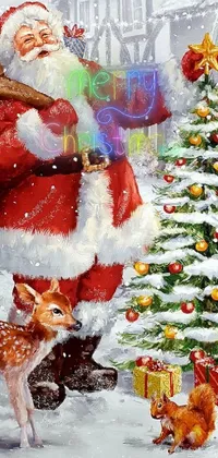This festive Phone Live Wallpaper showcases a delightful holiday scene of Santa Claus standing next to a beautifully decorated Christmas tree