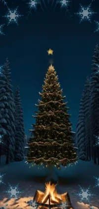 Celebrate Christmas with this animated phone wallpaper of a glowing Christmas tree in the forest surrounded by snowfall and shining stars