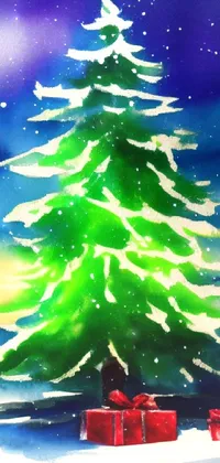 This Christmas live wallpaper features a watercolor painting of a glowing Christmas tree with presents underneath it, perfect for bringing festive cheer to your phone