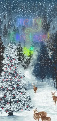 Celebrate Christmas with this animated phone background of a decorated Christmas tree in the forest surrounded by deer and snowfall
