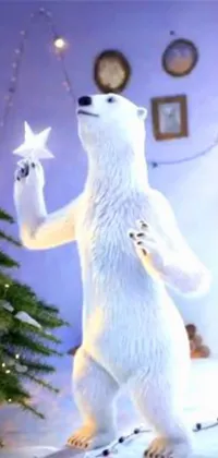 This mobile wallpaper showcases a mesmerizing 3D animation of a polar bear beside a decorated Christmas tree