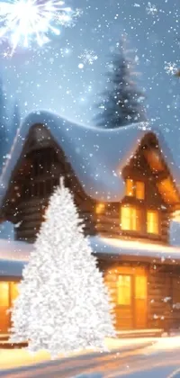 This <a href="/">live wallpaper for your phone</a> showcases a cozy cabin with a beautiful Christmas tree standing in front of it