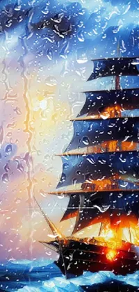 This live wallpaper features a stunning painting of a ship in the middle of the ocean