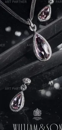 This phone live wallpaper showcases a beautiful digital art piece featuring necklaces on a table with purple crystal glass inlays and silver earrings