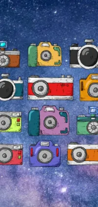 This dynamic phone live wallpaper showcases a collection of cameras arranged on wooden surface