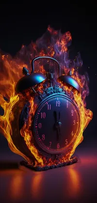 Burning Alarm Clock Live Wallpaper features a hyperrealistic digital art composition of a fiery alarm clock on a table
