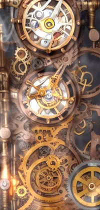This live phone wallpaper is an intricate design of a clock with many gears and mechanical parts