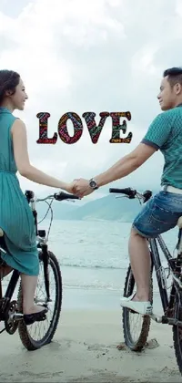 This live phone wallpaper depicts a romantic scene of a couple riding bicycles on a beach