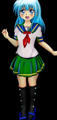 This dynamic phone live wallpaper features a 3D anime girl with blue hair and a green skirt, inspired by the popular Japanese art form