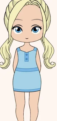 Get this charming live phone wallpaper featuring a beautiful blonde cartoon girl wearing a blue dress