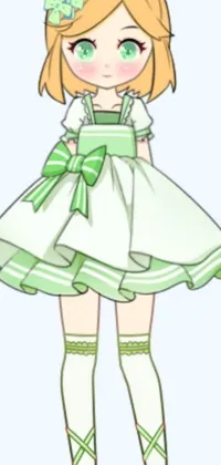 This phone live wallpaper features an anime drawing of a girl in a stunning green dress