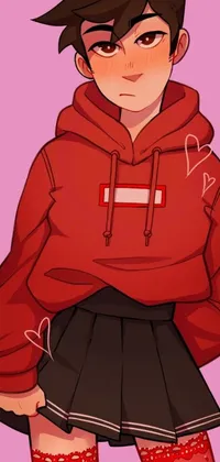 This lively phone wallpaper features an anime-style drawing of a girl in a red hoodie