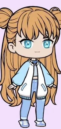This phone live wallpaper features a cartoon girl with long blue eyes and hair, wearing a fancy jacket and holding a smartphone