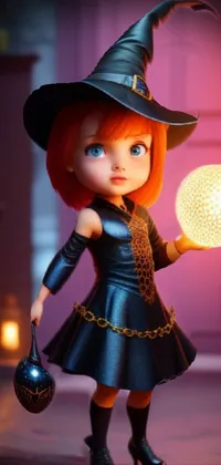 This live wallpaper for your phone features an enchanting little girl dressed as a witch, holding a mesmerizing glowing ball