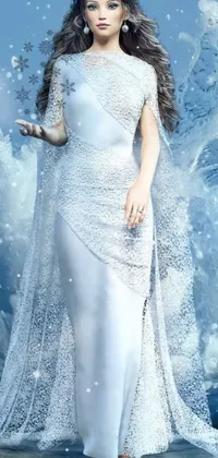 This live phone wallpaper features an enchanting image of a woman standing in water wearing a white dress