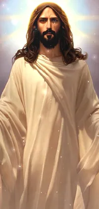 This religious live wallpaper features a highly detailed painting of Jesus holding his hands out in front, surrounded by god's rays and glowing halos