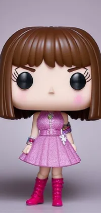 This phone live wallpaper depicts a delightful figurine of a cheerful girl wearing a pretty pink dress with a beautiful hairstyle and complementing brown bangs