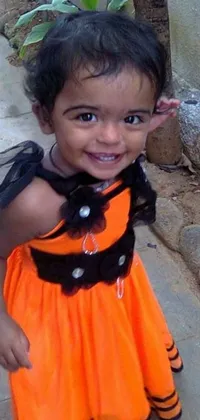This captivating live wallpaper features an adorable little girl wearing an orange and black dress, smiling radiantly