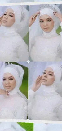 This live wallpaper features a collage of stunning photos depicting a woman wearing a hijab and a beautiful wedding dress, set against a serene snowy background