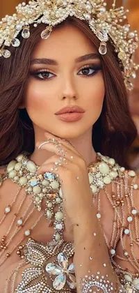 This beautiful phone live wallpaper features a stunning woman with a crown embellishment, showcasing captivating Egypt-inspired makeup and jewelry, including delicate pearls