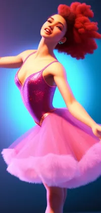 This pink-themed live phone wallpaper showcases a 3D interactive image of a woman gracefully posing in a tutu skirt while sporting a bright red afro hairstyle