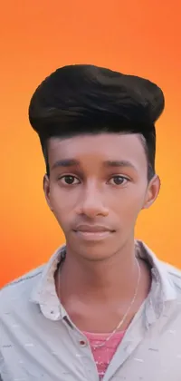 This live phone wallpaper showcases an image of a confident teen standing in front of an orange background