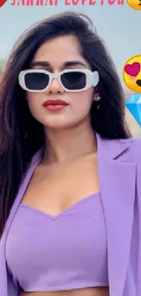 This phone live wallpaper features a stylish young woman wearing a purple suit and sunglasses