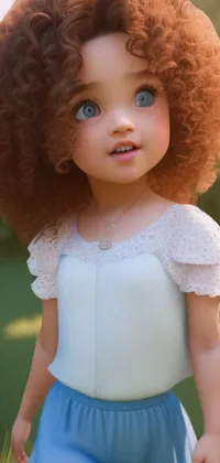 This live wallpaper showcases a charming 3D render of a little girl standing in the grass with curly hair