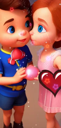 This adorable phone live wallpaper showcases two kids standing together, kissing cutely in a 3D rendered, cartoon style illustration