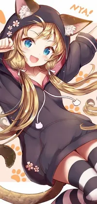 This lively wallpaper features an adorable anime drawing of a person wearing a cat costume
