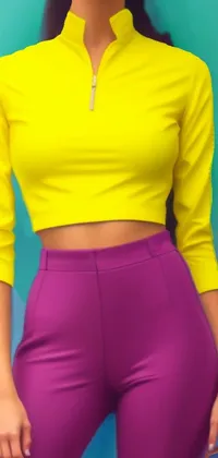 This live phone wallpaper features a confident woman wearing a yellow crop top and purple pants, with abstract shapes surrounding her