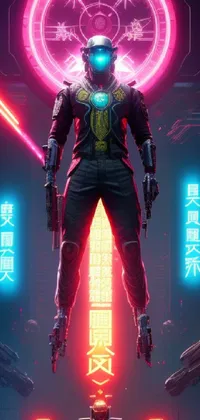 This live wallpaper features a futuristic cyborg samurai standing amidst neon lights, creating a cyberpunk inspired cityscape