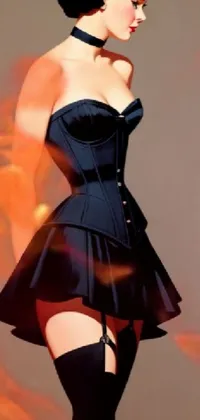 This live phone wallpaper features an airbrush painting of a woman in a corset dress set on fire