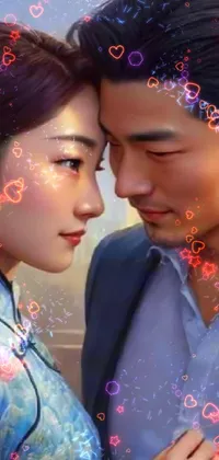 This phone live wallpaper features an intricate painting of an elegant couple embracing each other