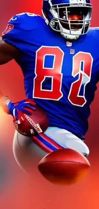 This lively smartphone wallpaper features a close-up of a football player clutching a ball, donning a blue and red uniform for the Buffalo Giants