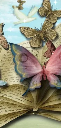 This phone wallpaper features a charming illustration of a group of colorful butterflies perched atop an open storybook