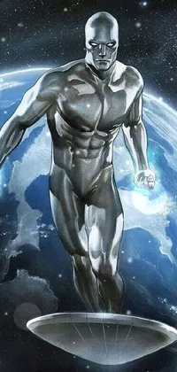 This live phone wallpaper features a stunning silver surfer in front of the earth