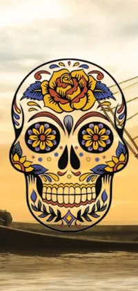 This stunning phone live wallpaper features a vibrant lowbrow design of a skull perched on a beach next to a wooden boat