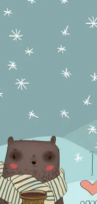 This cute phone live wallpaper showcases a bear sitting on a pile of books, set against a storybook-inspired illustration with snow flurries