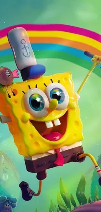 This phone live wallpaper showcases a cheerful Spongebob donning a top hat with a rainbow backdrop