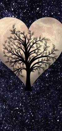 Experience the enchanting beauty of a heart-shaped tree against a radiant full moon with this stunning live wallpaper