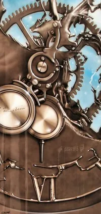 This incredible phone live wallpaper showcases a close-up of a clock with movable gears against a stunning backdrop of a dynamic and surreal sky, all airbrushed to create a dreamlike and unique piece of kinetic art