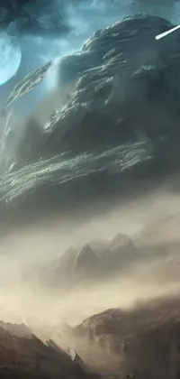 This stunning live wallpaper depicts a fantasy world featuring a man standing atop a mountain under the light of a full moon