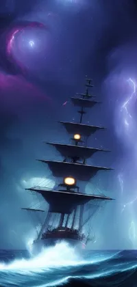 This impressive live wallpaper showcases a ship on the ocean amid a lightning storm with elements of fantasy